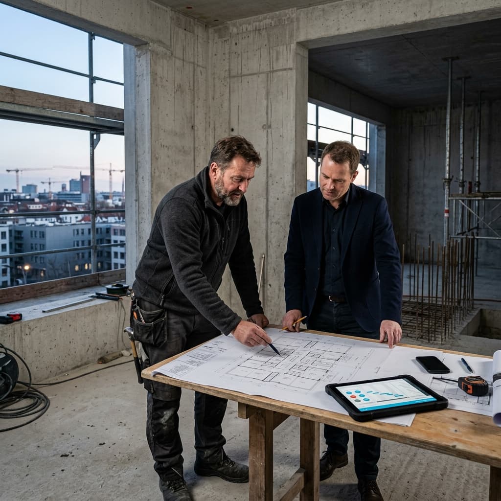 Baupläne werden am Plantisch im Rohbau besprochen